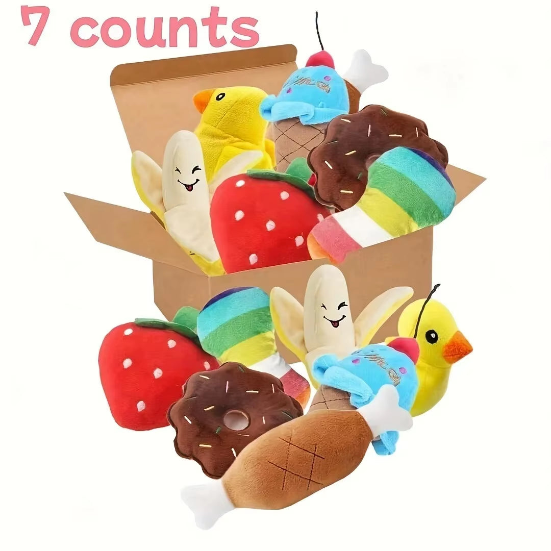 A 7-Piece Set of Puppy Sound Toys, Loose Plush Pet Chewing, Plush Fruit Snacks and Vegetable Puppy Toys, Suitable for Cute Playm